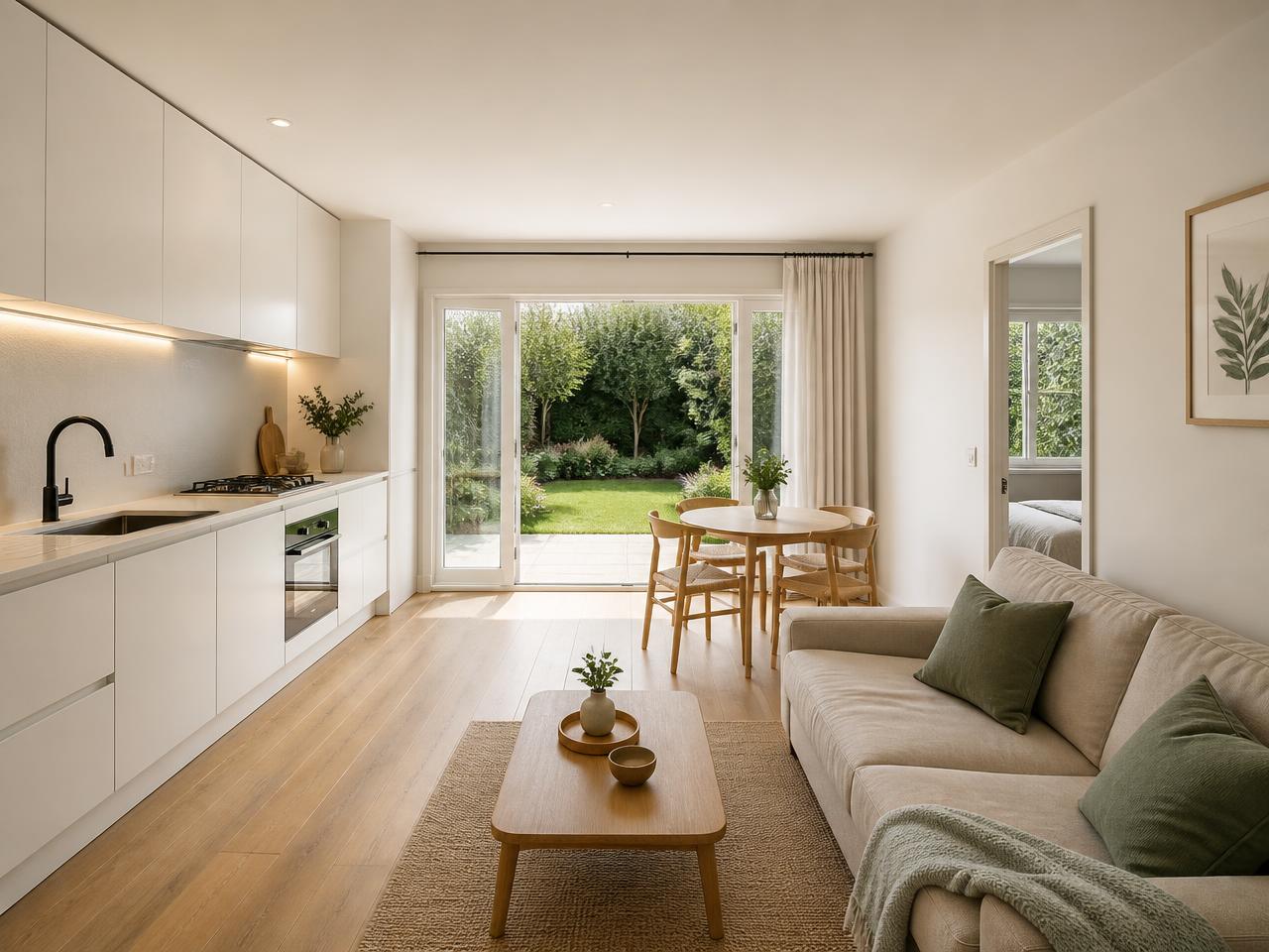 Compact open-plan living and kitchen interior of The Maya