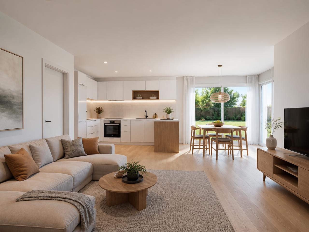 Bright open-plan kitchen and living interior of The Robyn