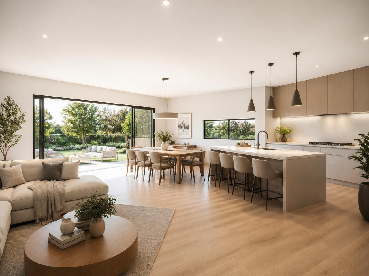 Spacious open-plan kitchen, dining and living interior of The Sophie